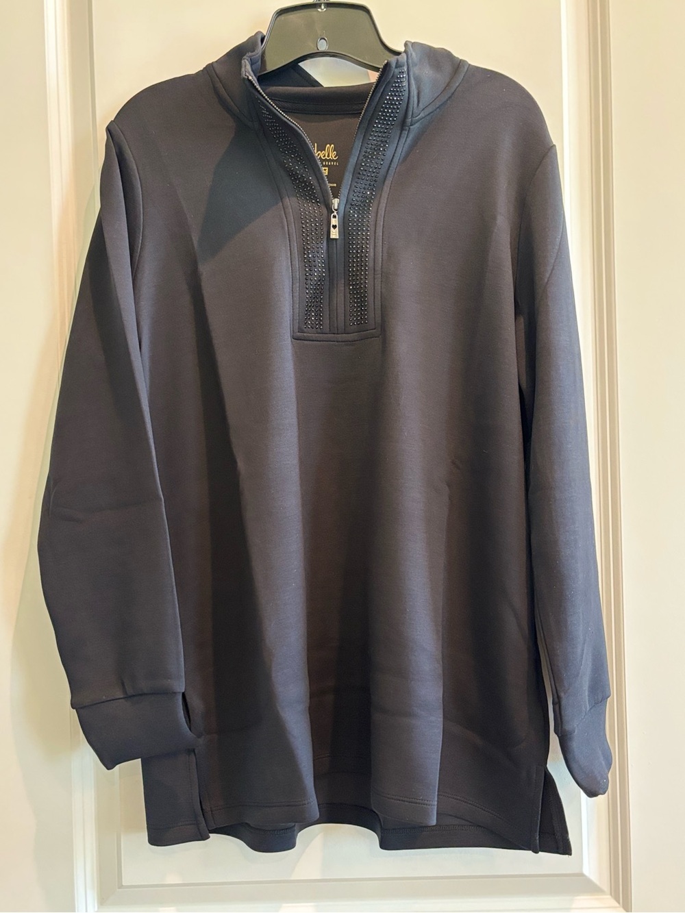 Belle by Kim Gravel Black Rhinestone Quarter Zip Hoodie Pullover Size M NEW